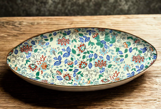 Floral Symphony Oval Serving Plate | Handcrafted Ceramic with Vibrant Florals