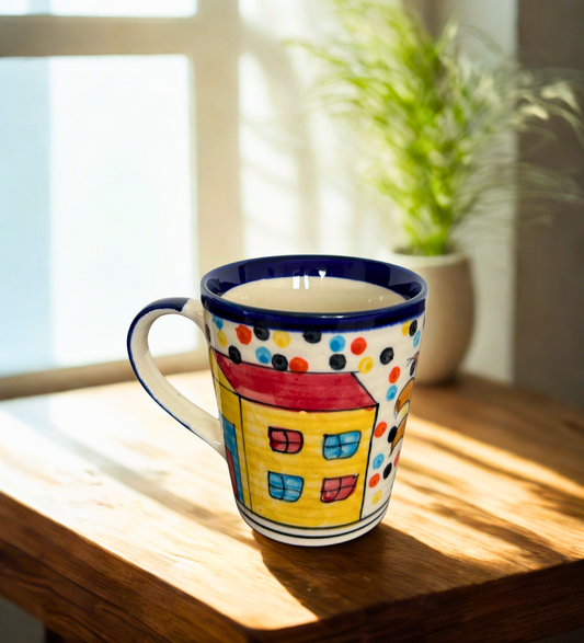 Handcrafted Ceramic Coffee Mug Set – Colourful Village Theme (Set of 4)