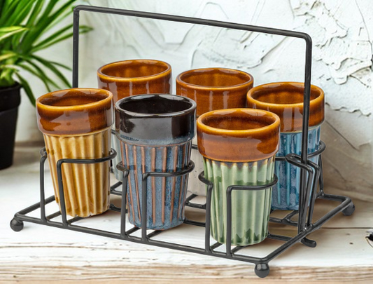 Handcrafted Ceramic Kulhad Set with Metal Stand - 6 Kulhads + Stand | Traditional Indian Tea Cups