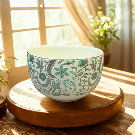 Pastel Bloom Artisan Serving Bowl | Handcrafted Ceramic with Aqua Florals