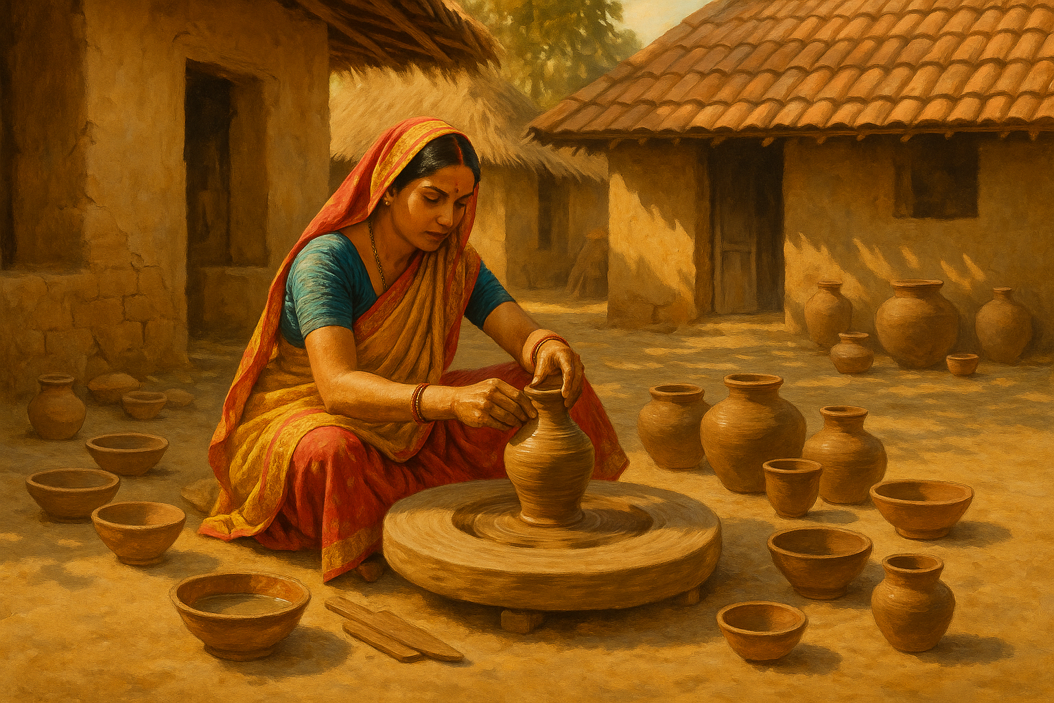 indian village culture making pottery  woman